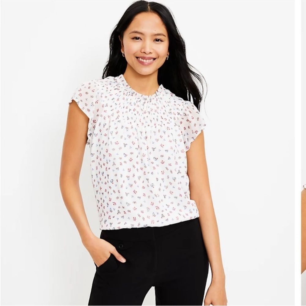 LOFT White Floral Smocked Neck Blouse